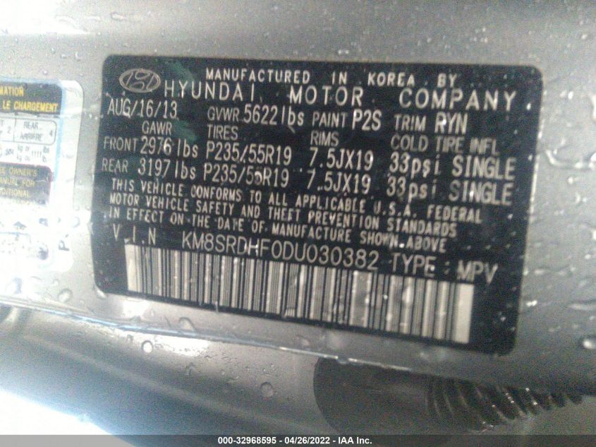 2013 HYUNDAI SANTA FE LIMITED KM8SRDHF0DU030382