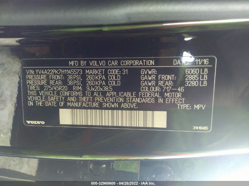 2017 VOLVO XC90 MOMENTUM YV4A22PK7H1145573