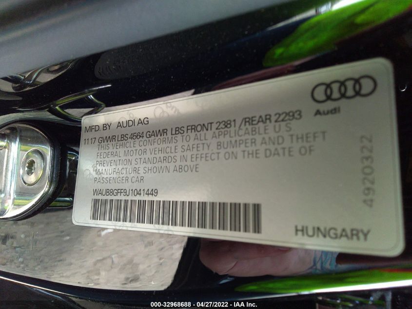 2018 AUDI A3 SEDAN PREMIUM/TECH PREMIUM WAUB8GFF9J1041449
