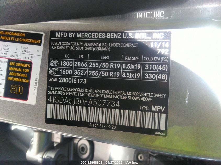 2015 MERCEDES-BENZ M-CLASS ML 350 4JGDA5JB0FA507734