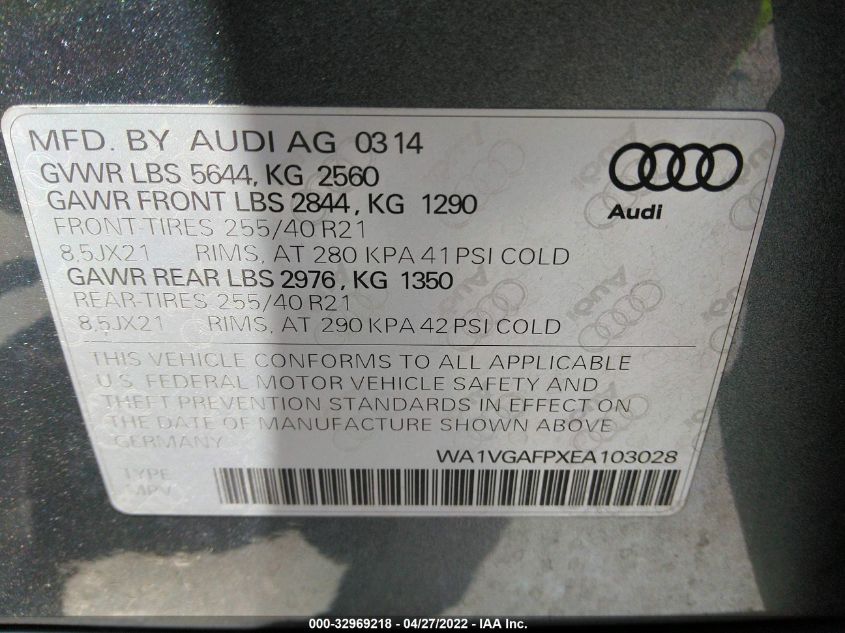 2014 AUDI SQ5 PRESTIGE WA1VGAFPXEA103028