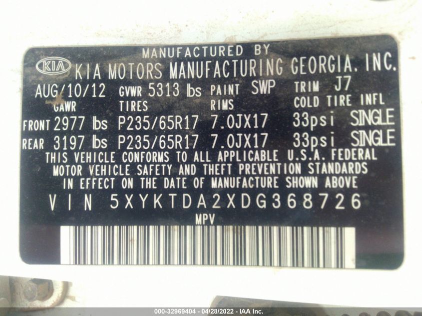 2013 KIA SORENTO LX 5XYKTDA2XDG368726