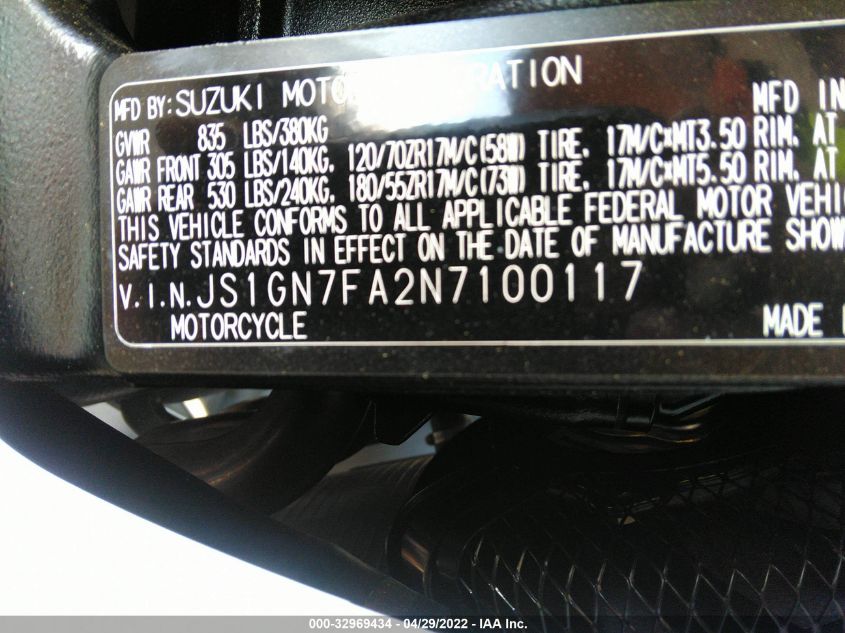 2022 SUZUKI GSX-R600 JS1GN7FA2N7100117