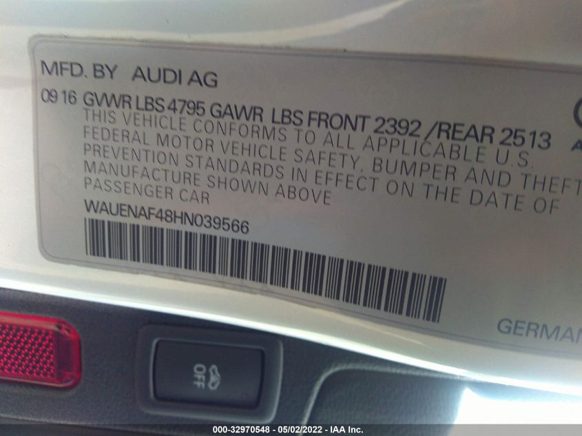 2017 AUDI A4 PREMIUM PLUS WAUENAF48HN039566