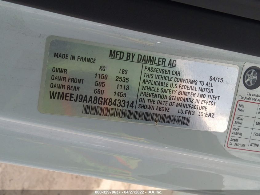 2016 SMART FORTWO ELECTRIC DRIVE PASSION WMEEJ9AA8GK843314