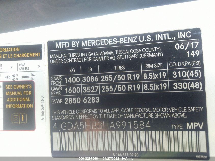 2017 MERCEDES-BENZ GLE GLE 350 4JGDA5HB3HA991584