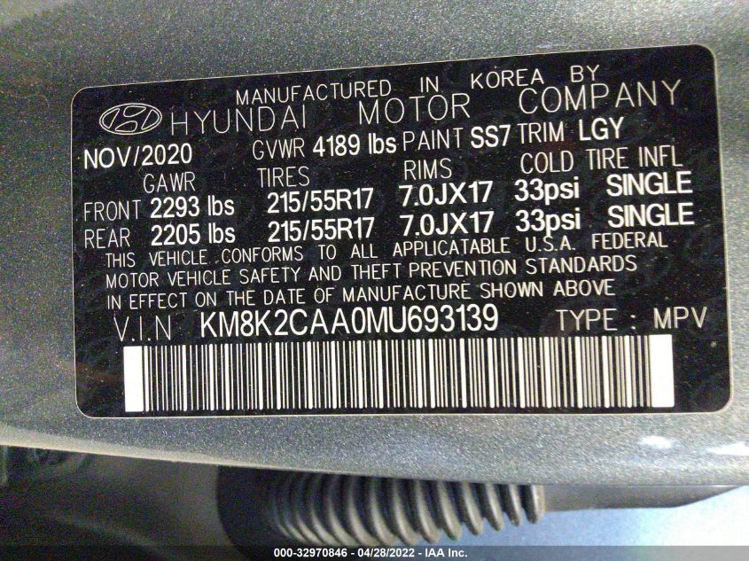 2021 HYUNDAI KONA SEL KM8K2CAA0MU693139