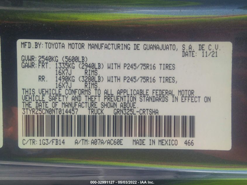 2022 TOYOTA TACOMA 2WD SR/SR5/TRD SPORT 3TYRZ5CN0NT014457