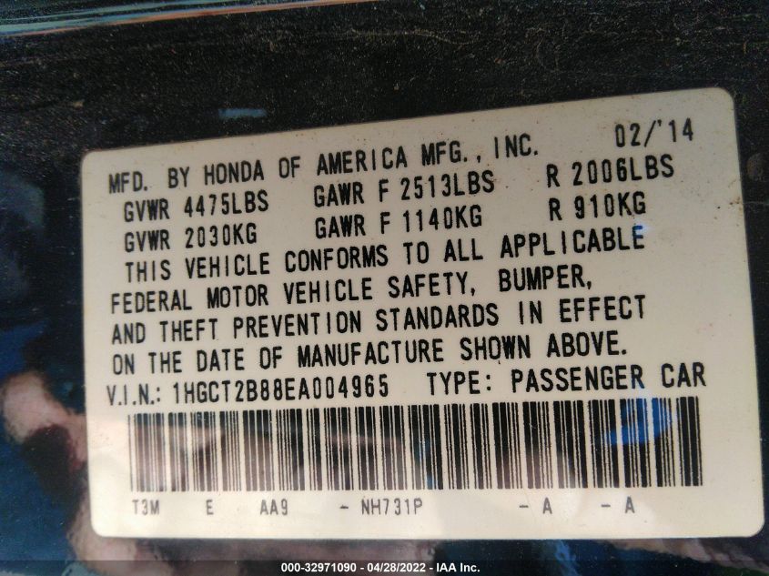 2014 HONDA ACCORD COUPE EX-L 1HGCT2B88EA004965