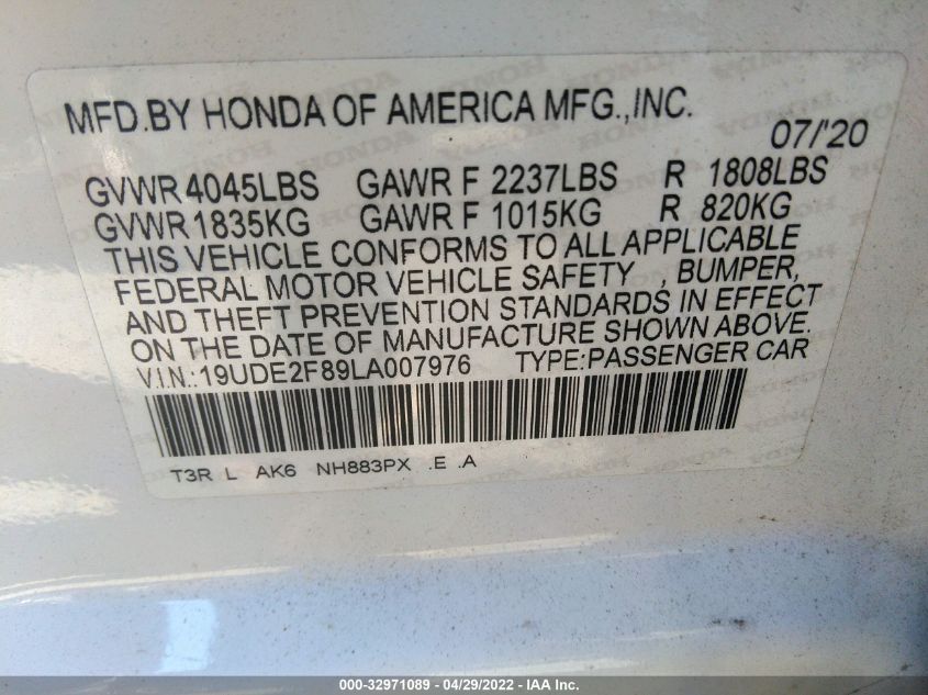 2020 ACURA ILX PKG 19UDE2F89LA007976