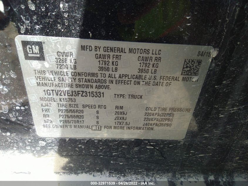 2015 GMC SIERRA 1500 SLT 1GTV2VEJ3FZ315331