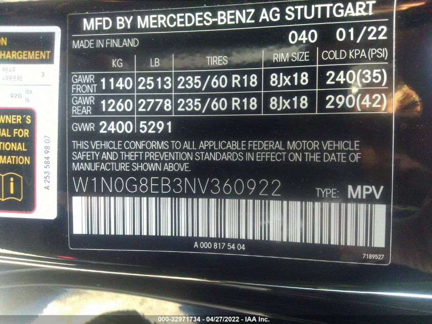 2022 MERCEDES-BENZ GLC GLC 300 W1N0G8EB3NV360922