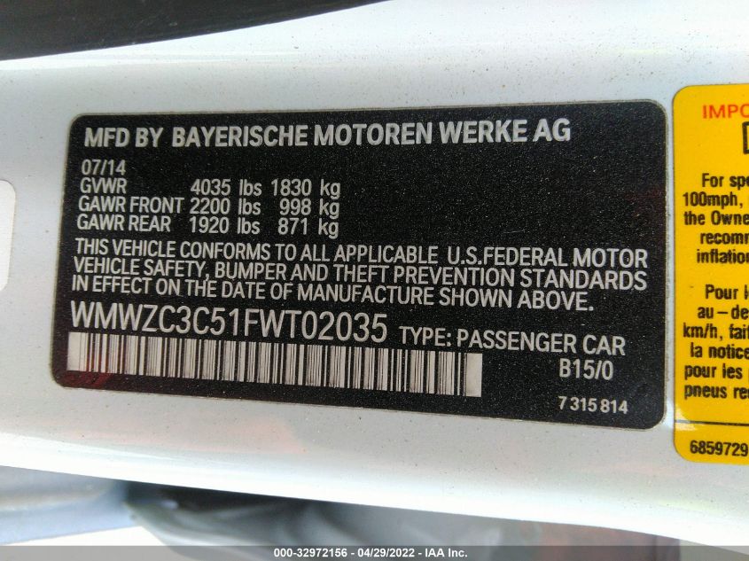 2015 MINI COOPER COUNTRYMAN S WMWZC3C51FWT02035