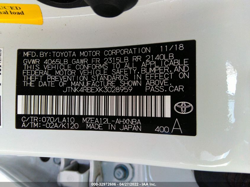 2019 TOYOTA COROLLA HATCHBACK SE/XSE JTNK4RBEXK3028959