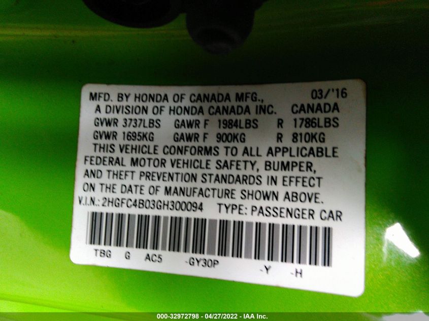2016 HONDA CIVIC COUPE LX 2HGFC4B03GH300094