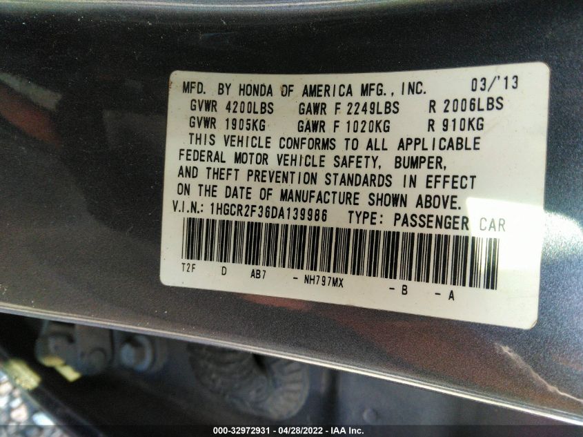 2013 HONDA ACCORD SDN LX 1HGCR2F36DA139986