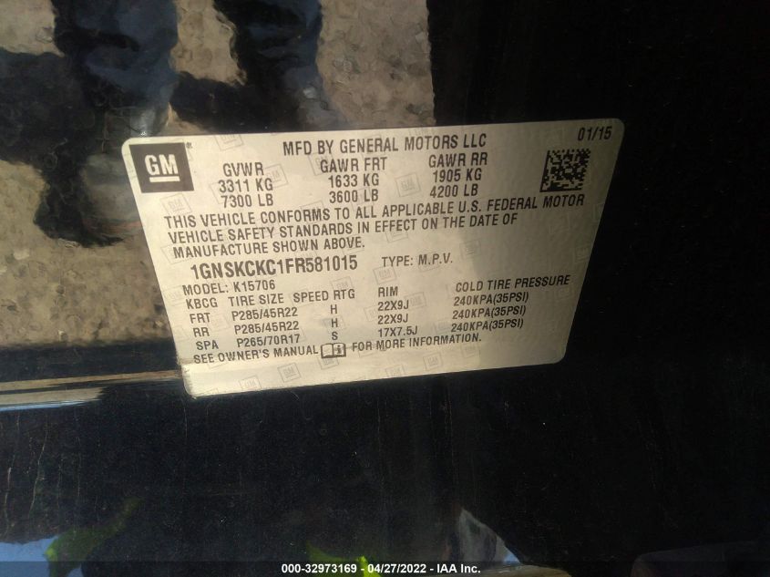 2015 CHEVROLET TAHOE LTZ 1GNSKCKC1FR581015