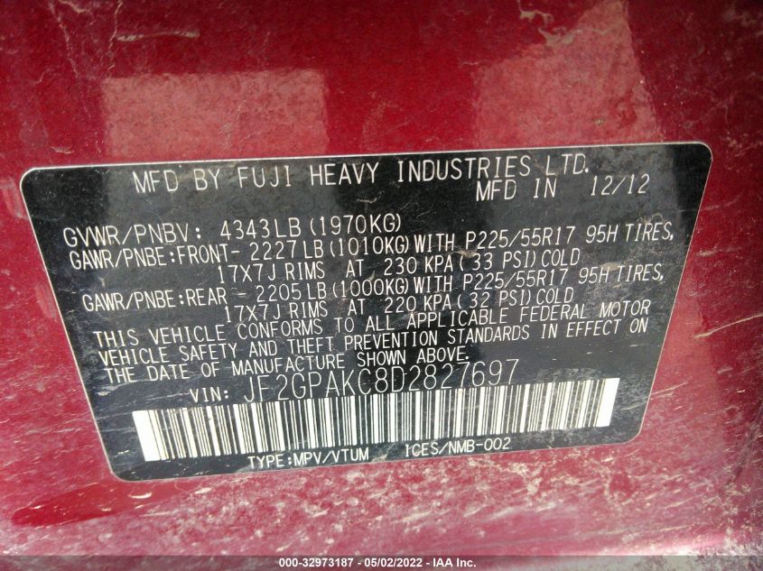 2013 SUBARU XV CROSSTREK LIMITED JF2GPAKC8D2827697
