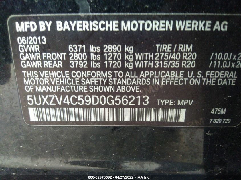 2013 BMW X5 XDRIVE35I 5UXZV4C59D0G56213