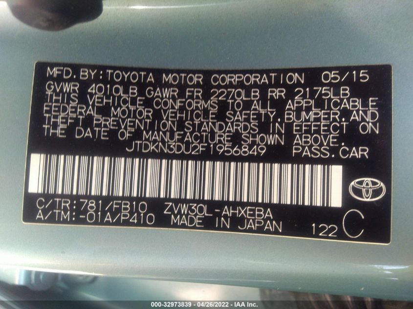 2015 TOYOTA PRIUS FOUR JTDKN3DU2F1956849