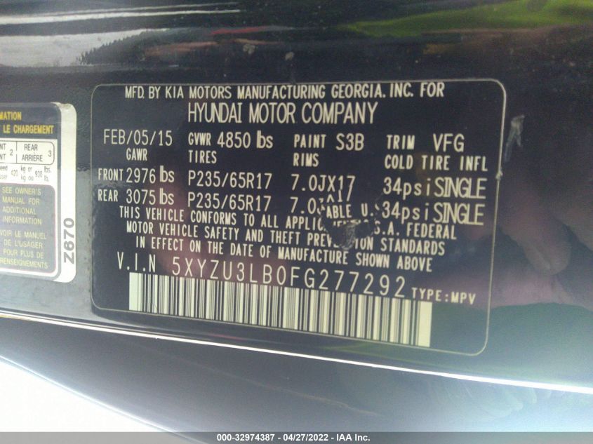 2015 HYUNDAI SANTA FE SPORT 5XYZU3LB0FG277292