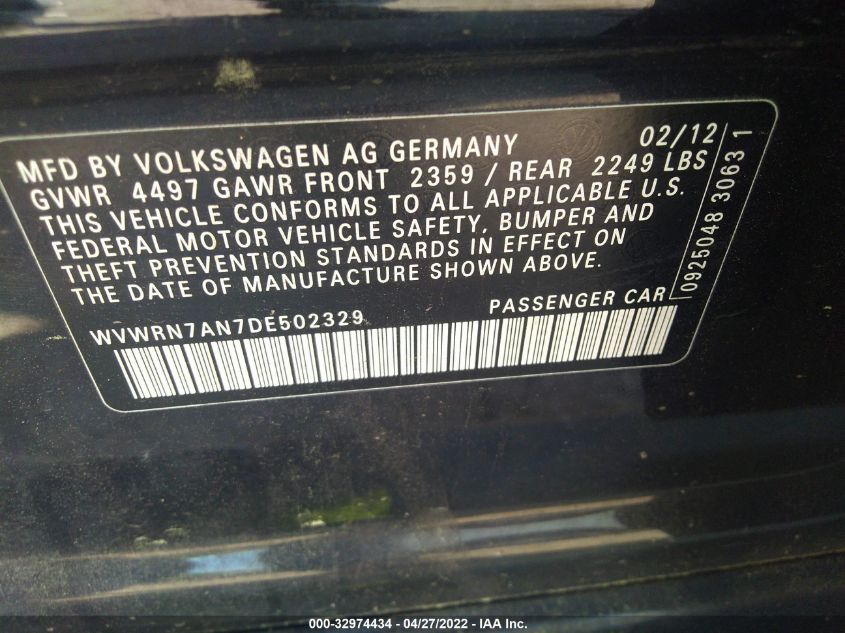 2013 VOLKSWAGEN CC LUX WVWRN7AN7DE502329