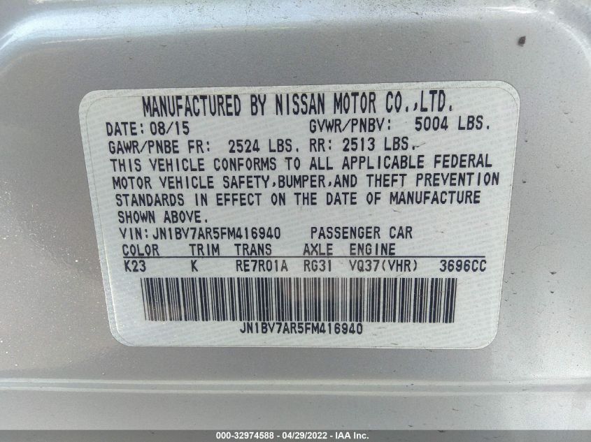 2015 INFINITI Q50 PREMIUM JN1BV7AR5FM416940