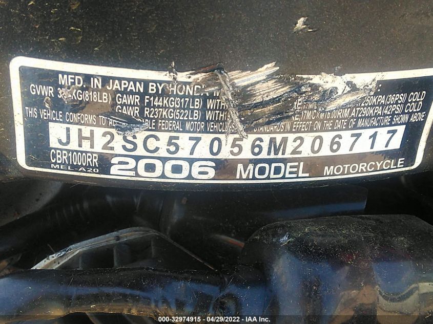 2006 HONDA CBR1000 RR JH2SC57056M206717