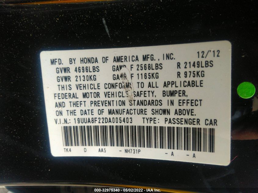 2013 ACURA TL 19UUA8F22DA005403