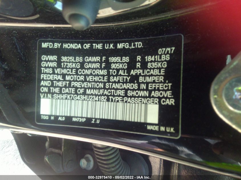 2017 HONDA CIVIC HATCHBACK SPORT SHHFK7G43HU234182