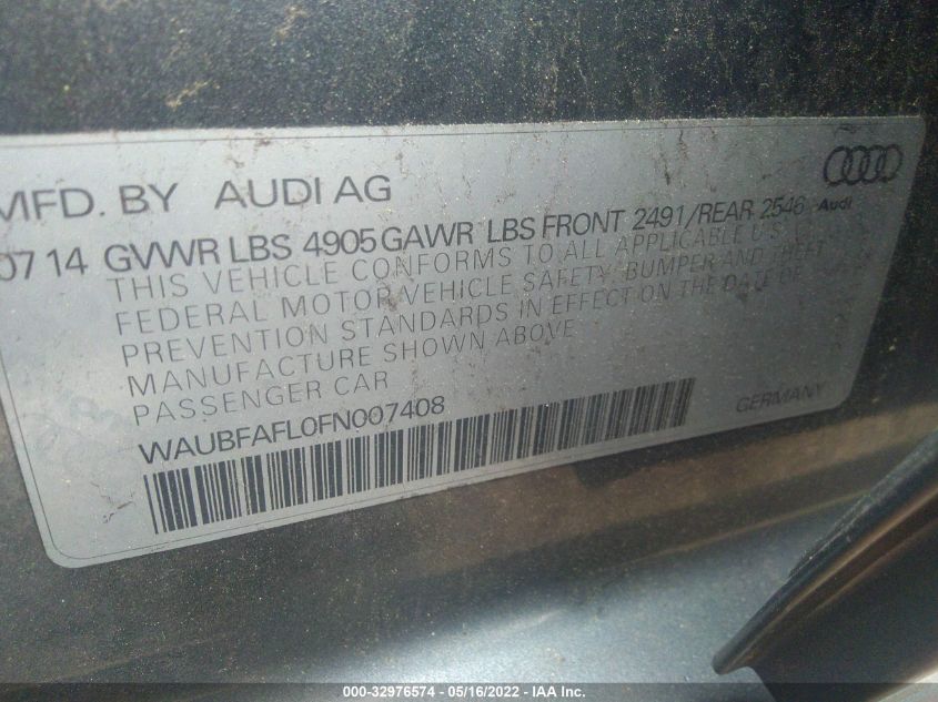 2015 AUDI A4 PREMIUM WAUBFAFL0FN007408