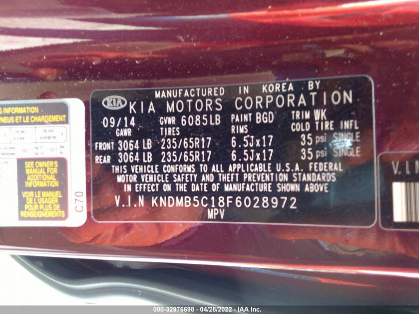 2015 KIA SEDONA LX KNDMB5C18F6028972