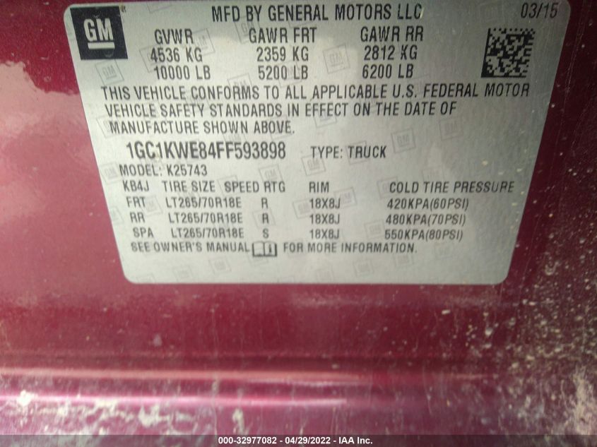 2015 CHEVROLET SILVERADO 2500HD LTZ 1GC1KWE84FF593898