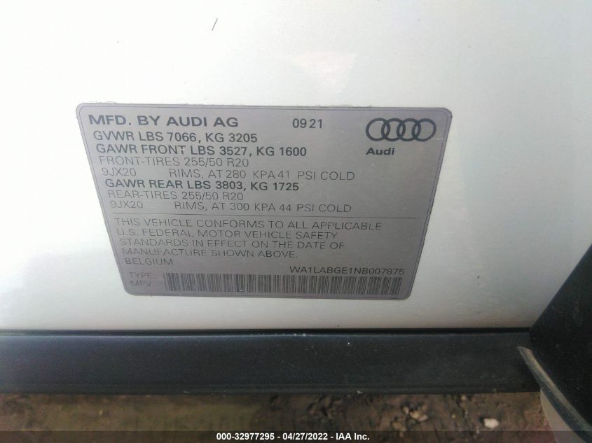 2022 AUDI E-TRON PREMIUM PLUS WA1LABGE1NB007875