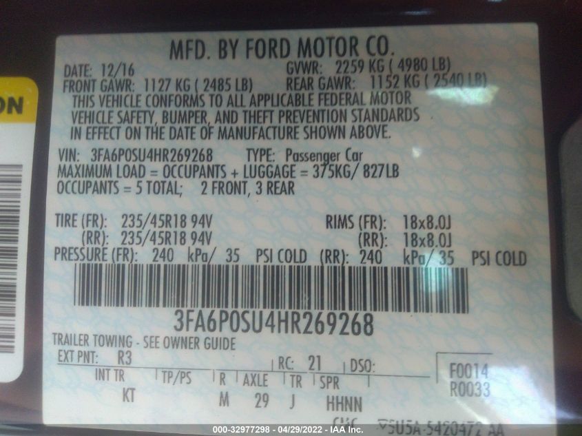 2017 FORD FUSION ENERGI TITANIUM PHEV 3FA6P0SU4HR269268