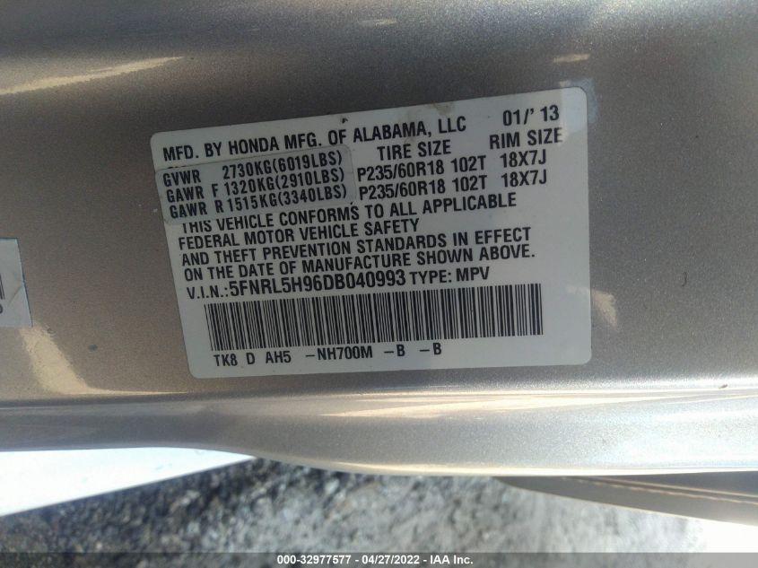 2013 HONDA ODYSSEY TOURING 5FNRL5H96DB040993