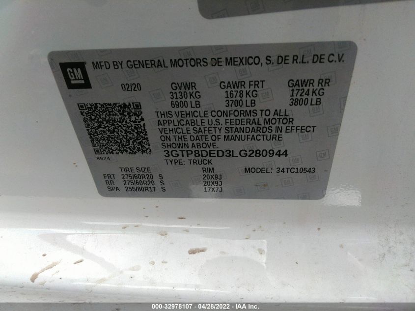 2020 GMC SIERRA 1500 SLT 3GTP8DED3LG280944