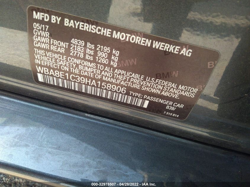 2017 BMW 3 SERIES 330E IPERFORMANCE WBA8E1C39HA158906