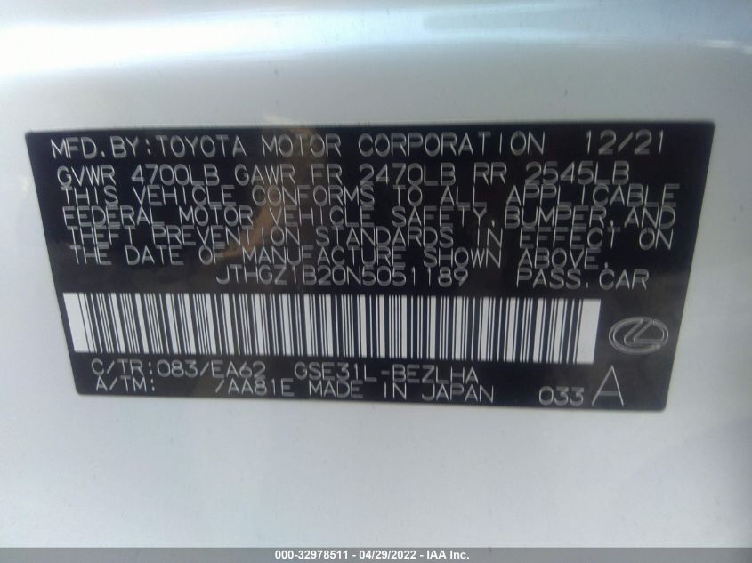 2022 LEXUS IS IS 350 F SPORT JTHGZ1B20N5051189