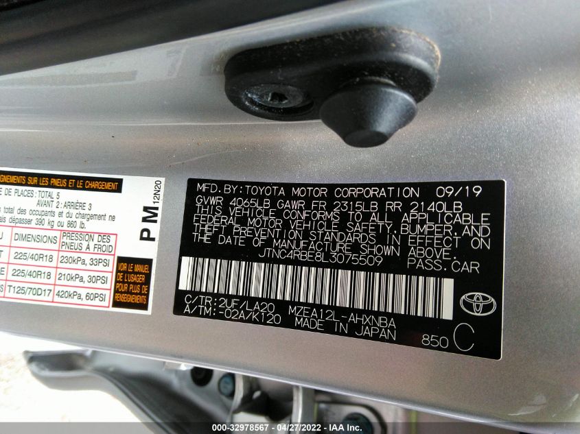 2020 TOYOTA COROLLA HATCHBACK XSE JTNC4RBE8L3075509