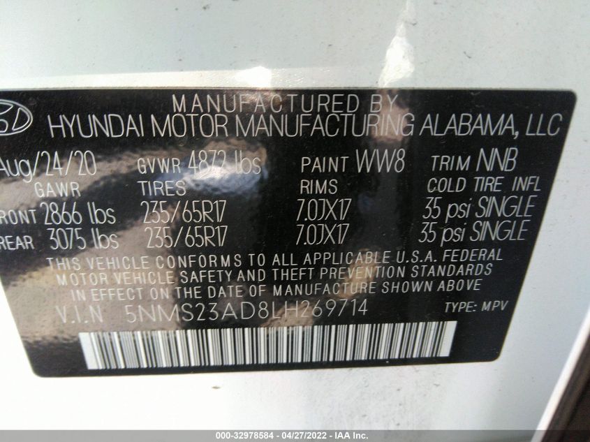 2020 HYUNDAI SANTA FE SE W/SULEV 5NMS23AD8LH269714