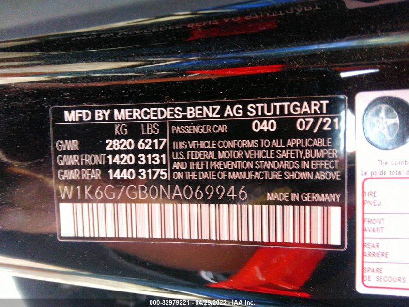 2022 MERCEDES-BENZ S-CLASS S 580 W1K6G7GB0NA069946