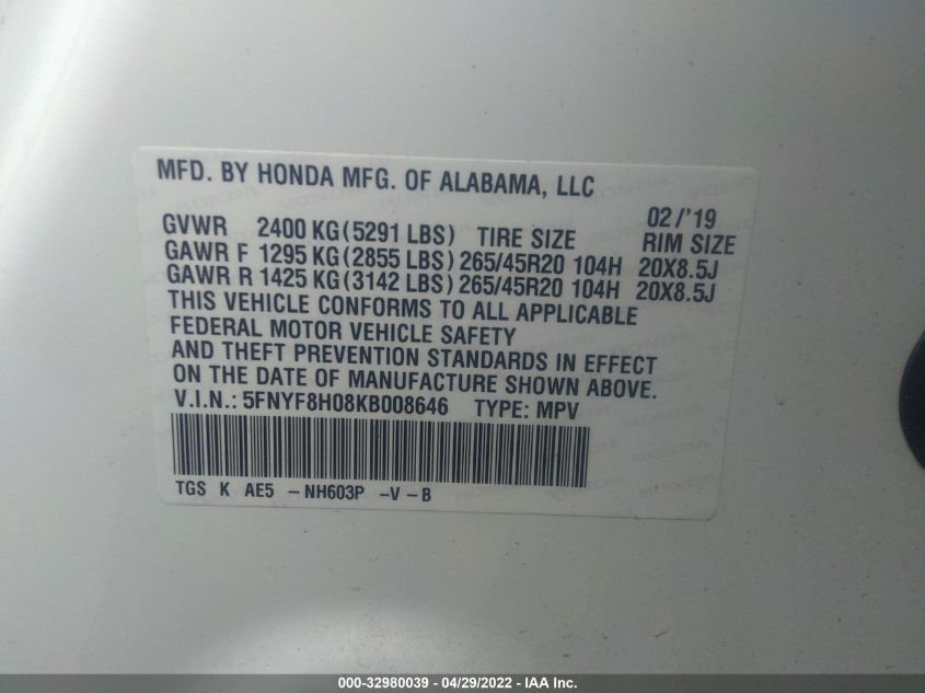 2019 HONDA PASSPORT ELITE 5FNYF8H08KB008646