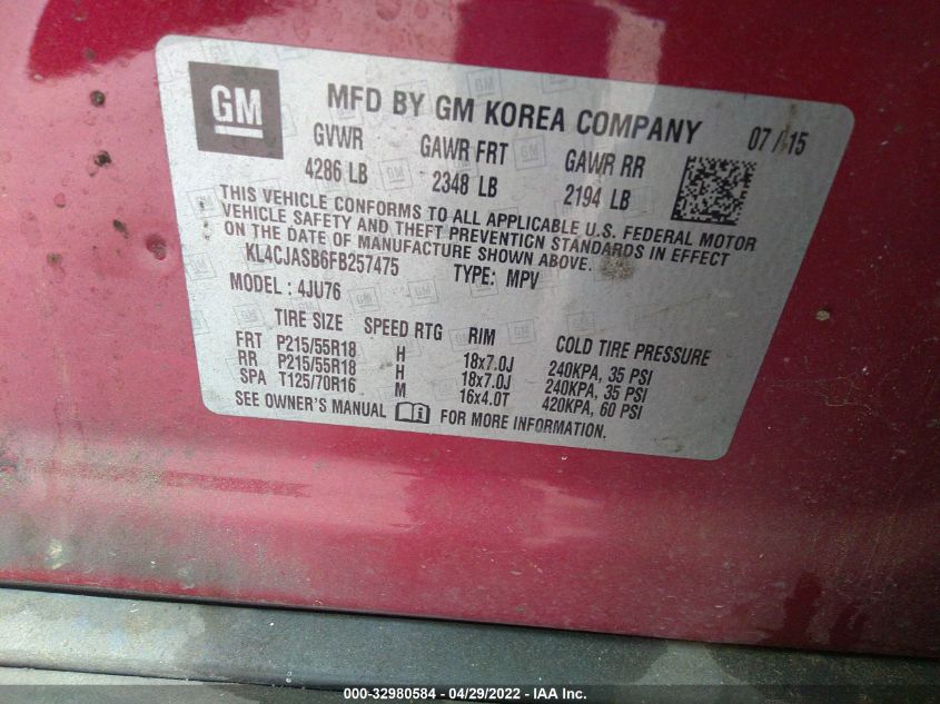 2015 BUICK ENCORE KL4CJASB6FB257475