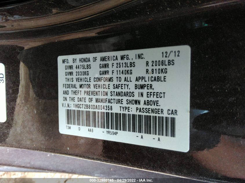 2013 HONDA ACCORD CPE EX-L 1HGCT2B80DA004358