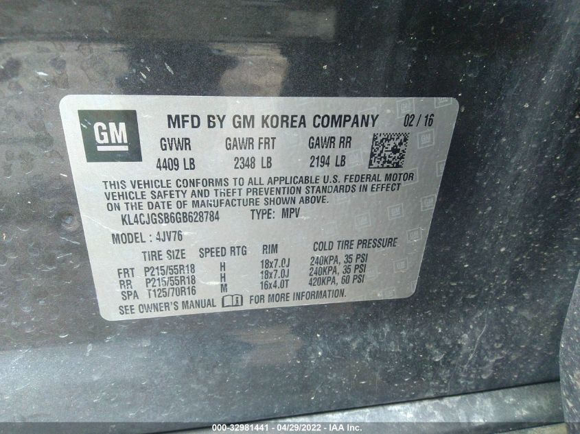 2016 BUICK ENCORE KL4CJGSB6GB628784