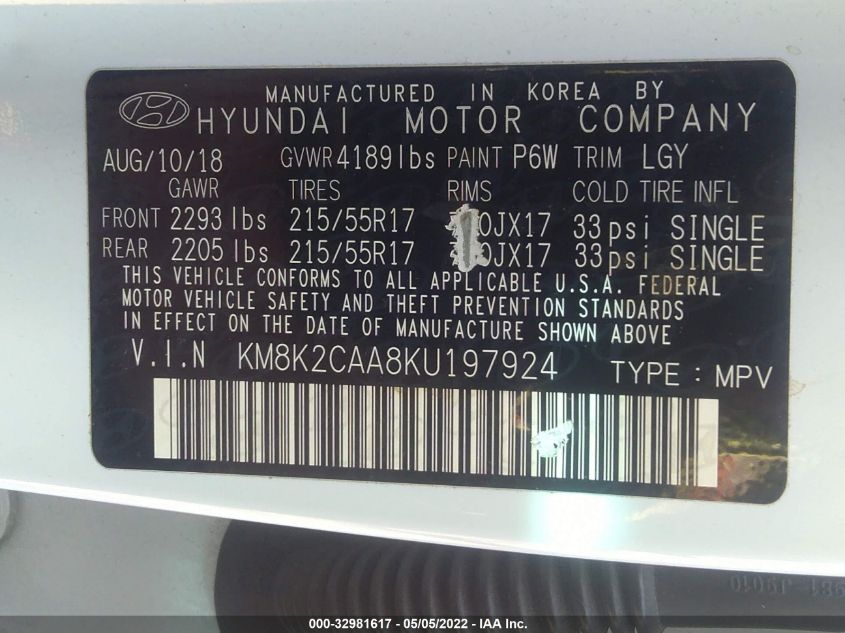 2019 HYUNDAI KONA SEL KM8K2CAA8KU197924