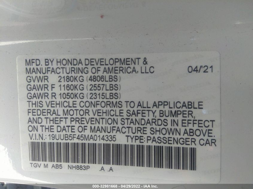 2021 ACURA TLX W/TECHNOLOGY PACKAGE 19UUB5F45MA014335