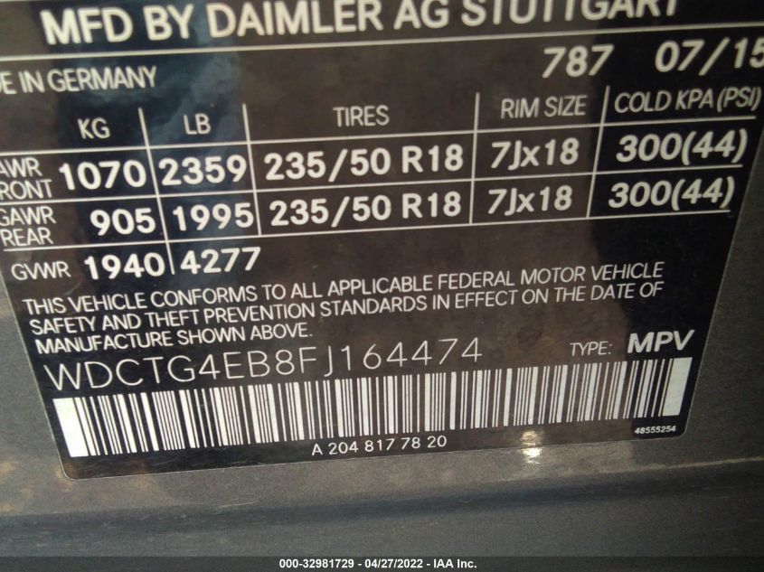 2015 MERCEDES-BENZ GLA-CLASS GLA 250 WDCTG4EB8FJ164474