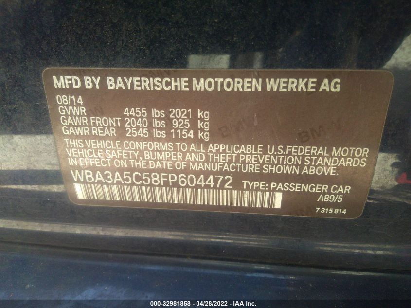 2015 BMW 3 SERIES 328I WBA3A5C58FP604472